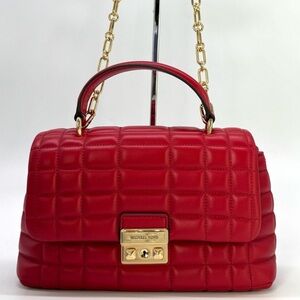Michael Kors Tribeca Medium Quilted Leather Satchel Bag Crimson Red